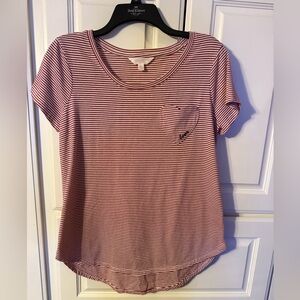 LC Lauren Conrad Red Striped Short Sleeve Tee love heart pocket